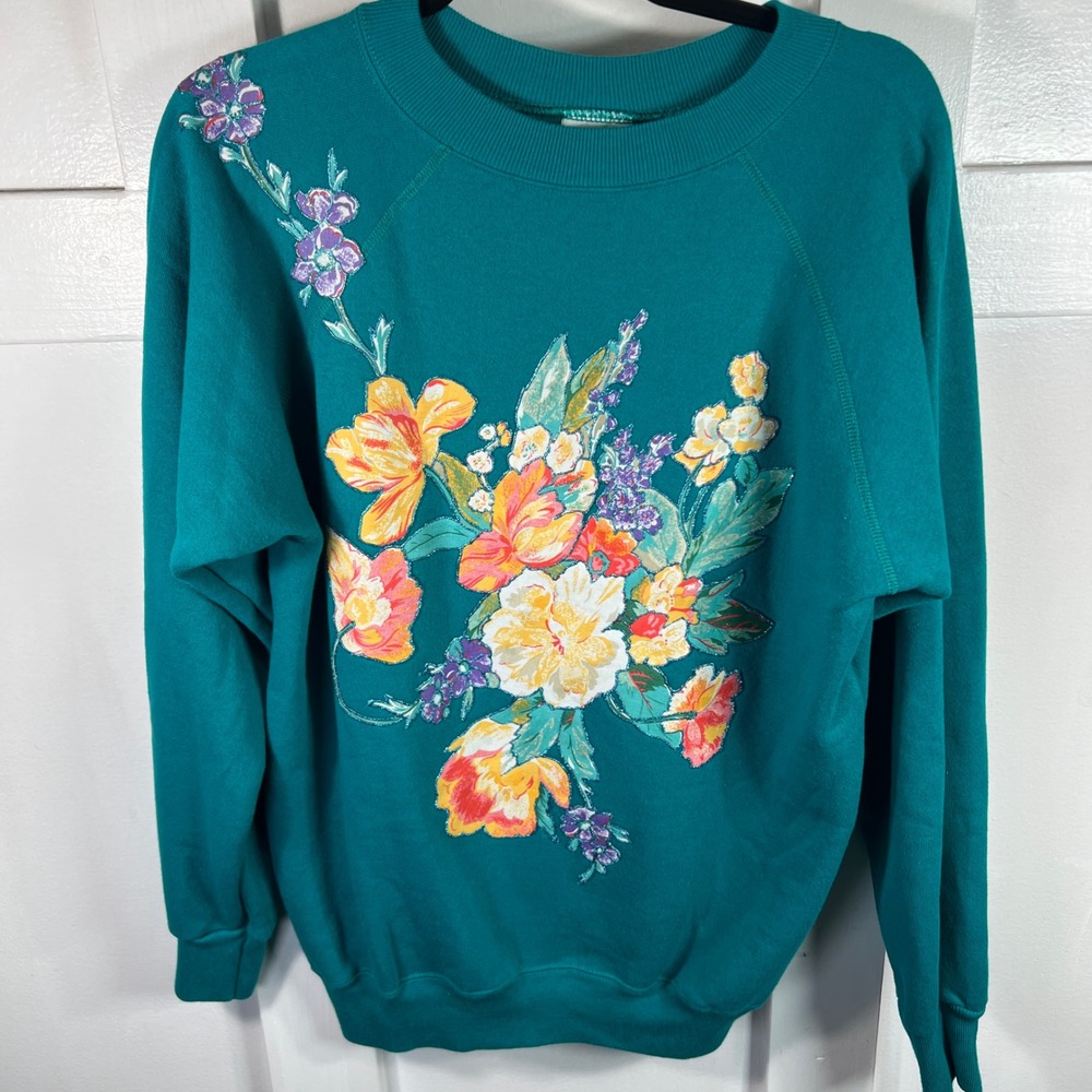 Vintage Hanes Teal Floral Glitter Graphic Sweatshirt Made in USA Large